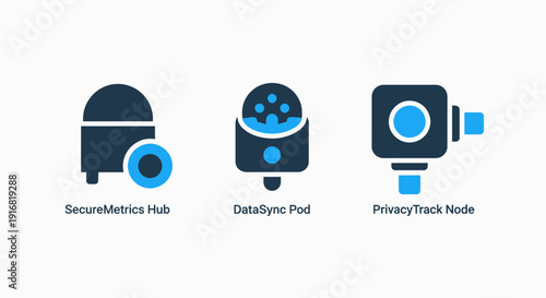 Set of stylized icons for data management and privacy technology: SecureMetrics Hub, DataSync Pod, and PrivacyTrack Node with unique shapes.