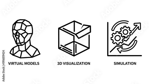 3D Modeling and Simulation Icons: Wireframe Head Model, 3D Visualization Cube, and Data Simulation Chart for CGI and Engineering