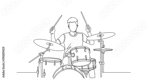 Continuous line drawing of a man playing drums with enthusiasm and energy.