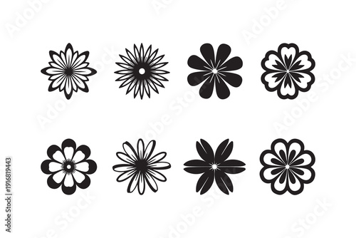 Assorted flower designs in black silhouette on a white background
