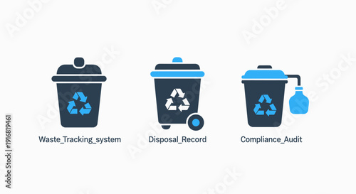 Modern icons for waste management: tracking system, disposal records, and compliance audit, highlighting environmental responsibility.