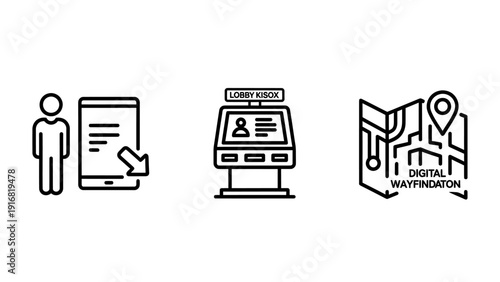 Set of three minimalist icons: person with phone, information kiosk, and digital map with location pin, representing technology and navigation.