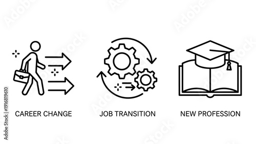 Career and Professional Development Icons: Career Change, Job Transition, and New Profession Concepts