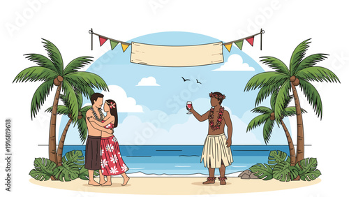 Couple in traditional island attire dancing on tropical beach with performer in grass skirt under banner between palm trees.