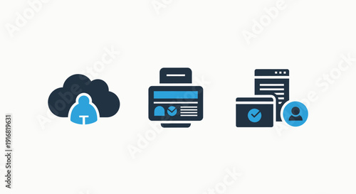 Cloud Integration and Workflow Icons: Remote User Access, Printer Interface, and Document Management System