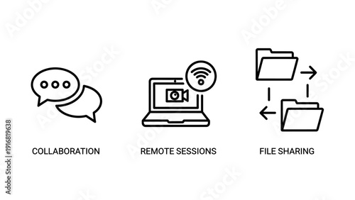 Icons representing collaboration, remote sessions, and file sharing concepts