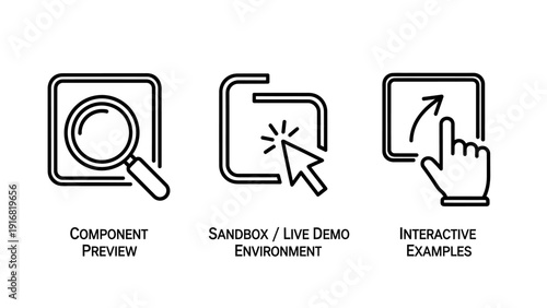 Icons showing component preview, sandbox/live demo environment, and interactive examples