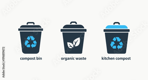 Compost bin, organic waste, and kitchen compost bin icons for sustainable living and recycling
