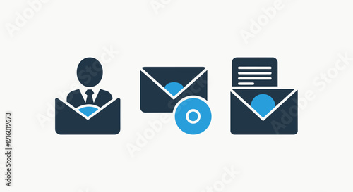 Icons: man in suit in envelope, email with CD, email with document