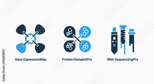 Abstract icons symbolizing gene expression map, protein domain analysis, and RNA sequencing for biotechnology and life science research.
