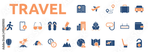 Travel icon two color style with passport, airplane, route, suitcase, car rental, hotel, cruise, snorkeling icons