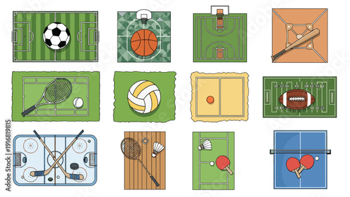 Comprehensive collection of various sports field icons including soccer, basketball, baseball, tennis, and hockey in flat style.