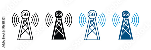 5G network tower icon vector set. Telecommunication antenna symbol for high-speed internet, wireless connectivity, and cellular signal. Vector Illustration.