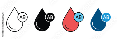 AB blood group icon vector set. Blood drop with AB type symbol for medical laboratory, hematology, and blood donation. Vector Illustration.