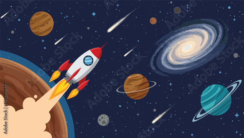 Colorful space rocket flying through dark galaxy filled with planets, stars, meteorites, and spiral nebula during deep space mission.