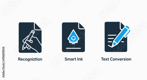 Digital icons for note-taking and document interaction: hand writing recognition, smart ink technology, and text conversion.