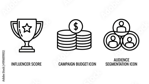 Icons for influencer marketing analytics: a trophy for score, stacked coins for campaign budget, and segmented circles for audience.