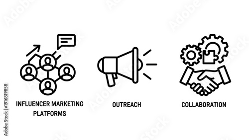 Icons representing social media marketing and business development: influencer networks, megaphone for outreach, and handshake for collaboration.