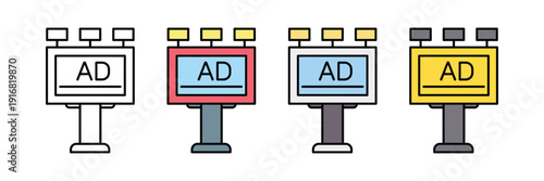Billboard advertising icon vector set. Outdoor hoarding sign with spotlights symbol for marketing, brand promotion, and commercial display. Vector Illustration.