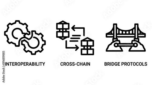 Icons symbolizing blockchain technology and network connectivity: interoperability, cross-chain bridges, and secure protocols.