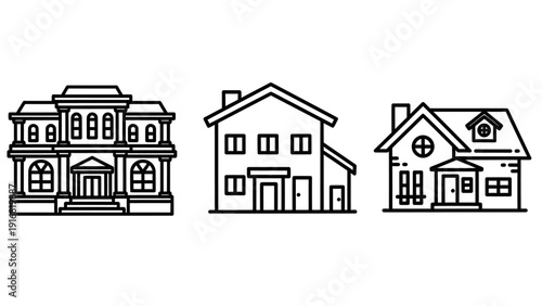 Diverse House and Home Architecture Icons: Outline Vector Illustrations Representing Various Residential Buildings and Real Estate Concepts