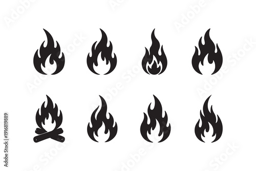 Set of flame icons in black silhouette on white background
