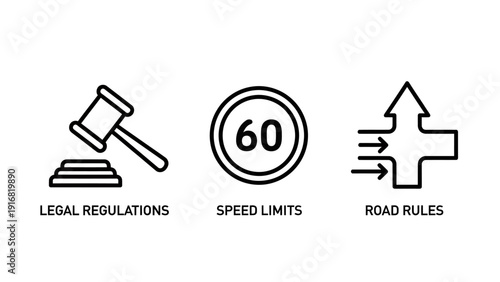 Legal Regulations, Speed Limits, and Road Rules Icon Set: Outline Symbols for Law, Justice, Traffic, and Compliance Concepts