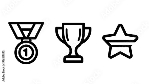 Set of Outline Achievement and Award Icons: Medal, Trophy, and Star Symbols Representing Success, Victory, and Excellence