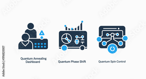 Dark blue and light blue filled icons representing advanced quantum computing concepts like annealing dashboards, phase shifts, and spin control mechanisms.