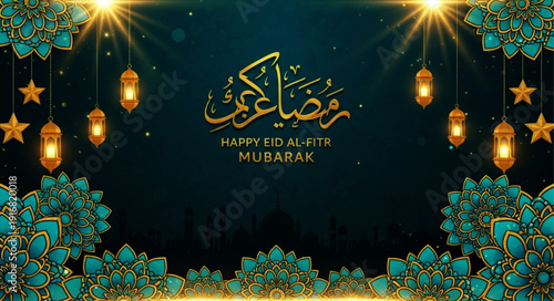 Beautiful Ramadan Kareem Eid Al Fitr Mubarak illustration with traditional Islamic patterns, lanterns, and stars against a dark blue background