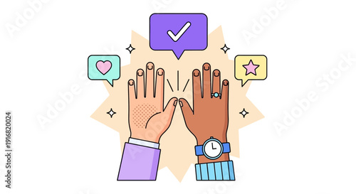 Two hands high-fiving with speech bubbles and icons around them, symbolizing approval and positivity