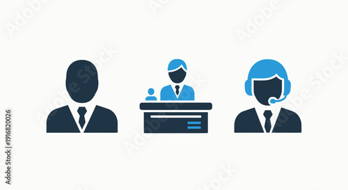Diverse Professional Avatars Representing Business, Management, and Customer Service Roles in Modern Blue and Black Icon Set