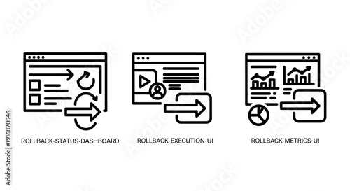 Rollback Functionality User Interface Icons for Status Dashboards, Execution, and Metrics Tracking in Clean Line Art