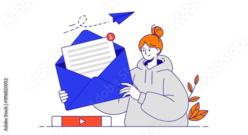 A person holding a large envelope with a letter inside, conveying a message or notification, in a minimalist illustration style, from a frontal viewpoint.