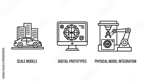 Design and Development Icons for Scale Models, Digital Prototypes, and Physical Model Integration in Minimalist Line Art