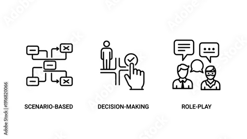 Business Strategy and Communication Icons for Scenario-Based Decisions, Decision-Making, and Role-Play Training in Line Art