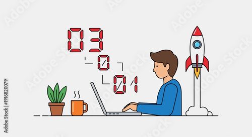 Man working on laptop with rocket launch countdown nearby in a modern workspace setting