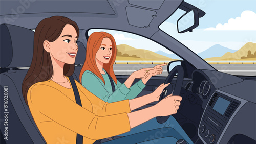Two happy young women wearing seatbelts driving modern car on highway with scenic mountain landscape visible through window.