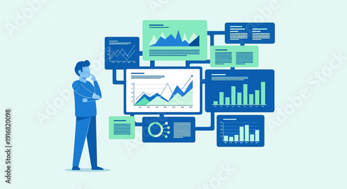 A businessman analyzing various business graphs and charts on digital screens in a modern office setting from a frontal viewpoint