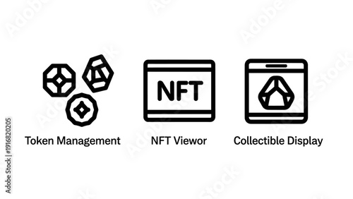 Black outline vector icons depicting blockchain and digital asset concepts, including token management, NFT viewing, and collectible display interfaces.