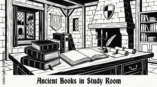 ancient books placed on a wooden desk in a medieval study room environment black and white vector scene featuring, symbolizing history knowledge research and intellectual heritage