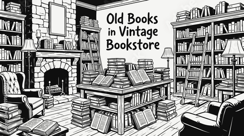 old books stacked inside a vintage bookstore environment black and white vector composition showing, representing classic literature reading culture and traditional publishing