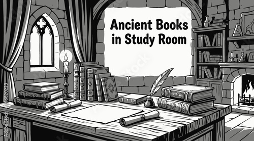 ancient books placed on a wooden desk in a medieval study room environment black and white vector scene featuring, symbolizing history knowledge research and intellectual heritage