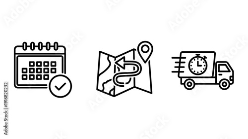 Modern Line Icons for Delivery Logistics: Scheduled Shipping, Route Tracking, and Fast Delivery Service on White Background