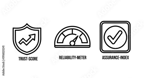 Business Trust and Reliability Icons: Score Meter, Assurance Index, and Security Shield Concept for Financial Assessment