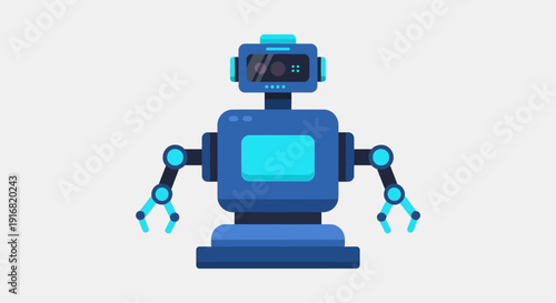 A blue robot with mechanical arms and a screen on its chest standing in a plain environment from a front viewpoint