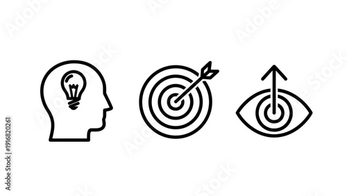 Business Strategy Icons: Creative Idea, Clear Target Goal, and Visionary Insight Development for Success