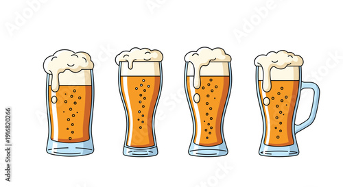 Row of four glasses filled with beer and white foam showing different glass shapes like pint glasses and a mug on white background.