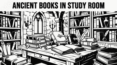 ancient books placed on a wooden desk in a medieval study room environment black and white vector scene featuring, symbolizing history knowledge research and intellectual heritage
