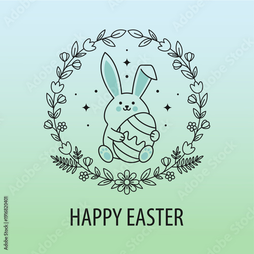 Cute easter bunny holding an egg in floral wreath linear contour drawing with pastel blue and green colors for greeting card or holiday poster design.